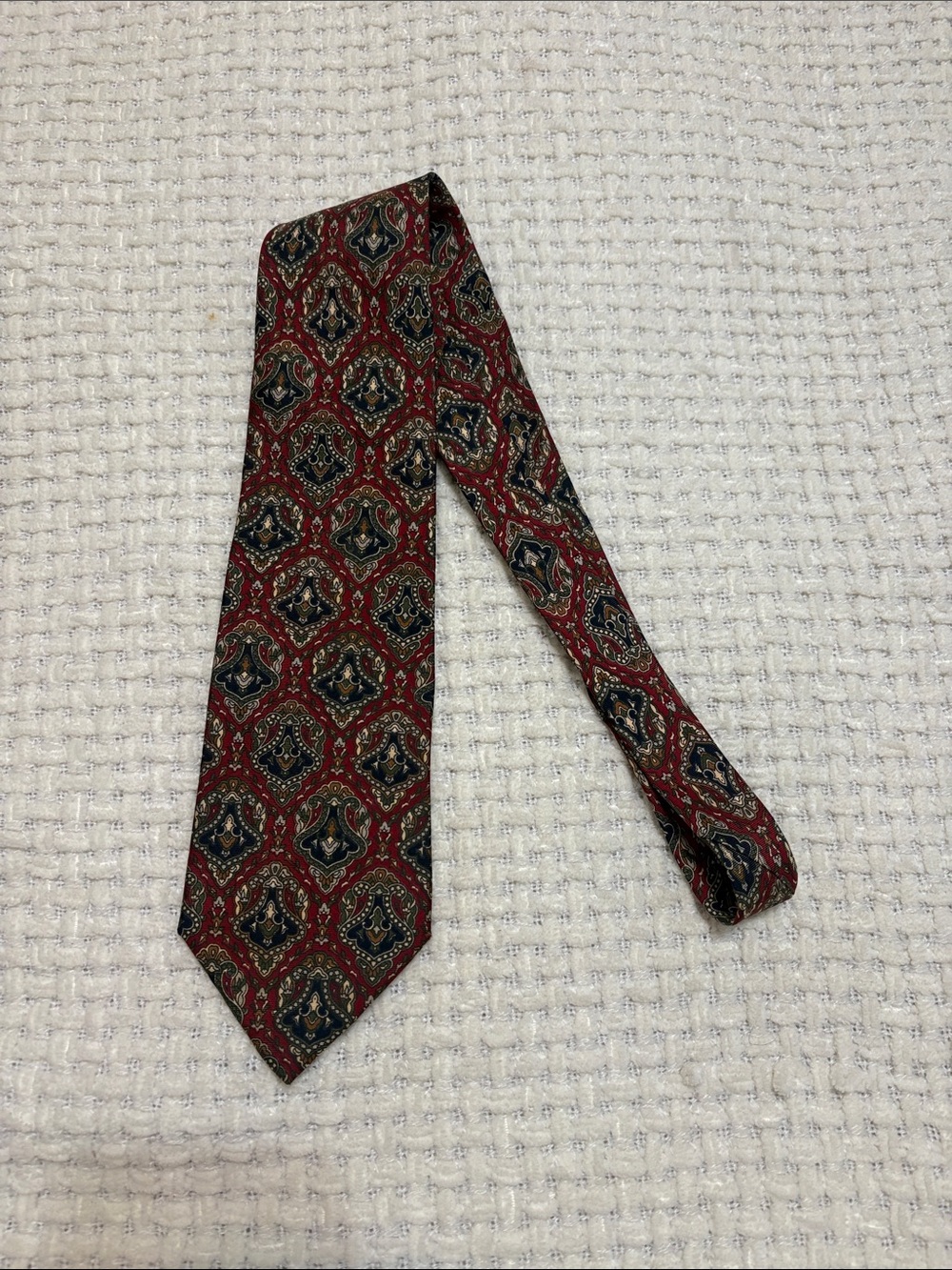 Dior Men's Burgundy Paisley Tie with Navy and Cream Accents
